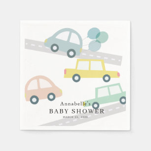 Blue Car Balloons White Boy Baby Shower Napkin