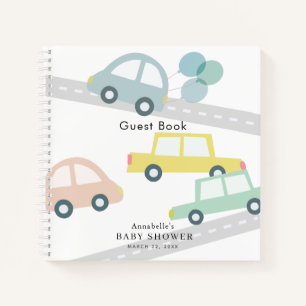 Blue Car Balloons White Boy Baby Shower Notebook