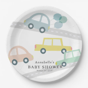 Blue Car Balloons White Boy Baby Shower Paper Plate