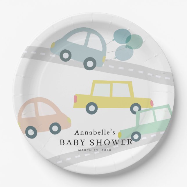 Blue Car Balloons White Boy Baby Shower Paper Plate (Front)