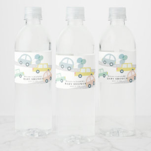 Blue Car Balloons White Boy Baby Shower Water Bottle Label