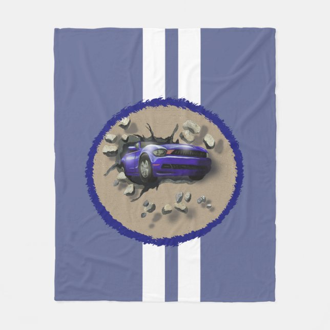 Blue Car Breaking Through Wall Fleece Blanket (Front)