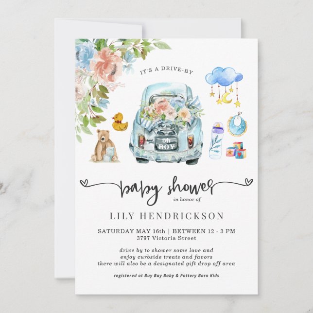 Blue Car | Drive-By Baby Shower Invitation (Front)