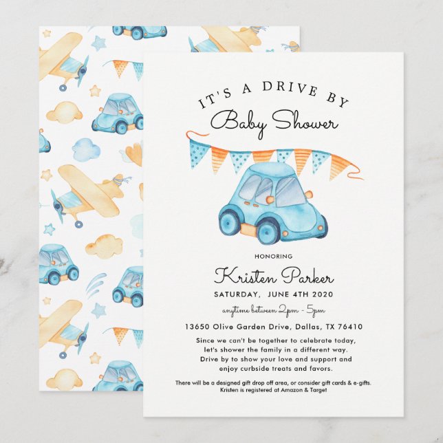 Blue Car Drive By Baby Shower Invitation Boy (Front/Back)