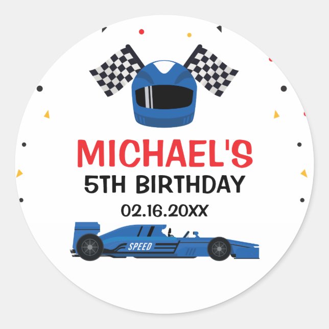Blue Car Racing Birthday Classic Round Sticker (Front)