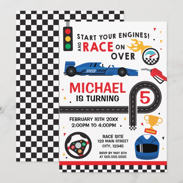 Blue Car Racing  Birthday kid Invitation (Front/Back)