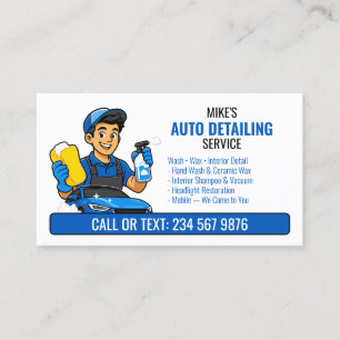Blue Car Wash Cartoon Man QR Auto Detailing Business Card