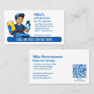 Blue Car Wash Sponge Cartoon Man QR Auto Detailing Business Card
