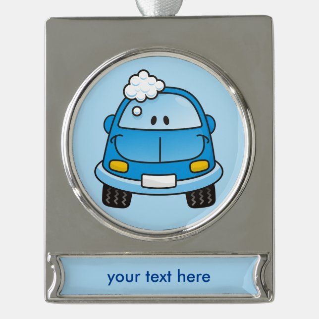 Blue car with bubbles silver plated banner ornament (Front)