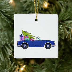 Blue Car with Christmas Gifts Ceramic Ornament