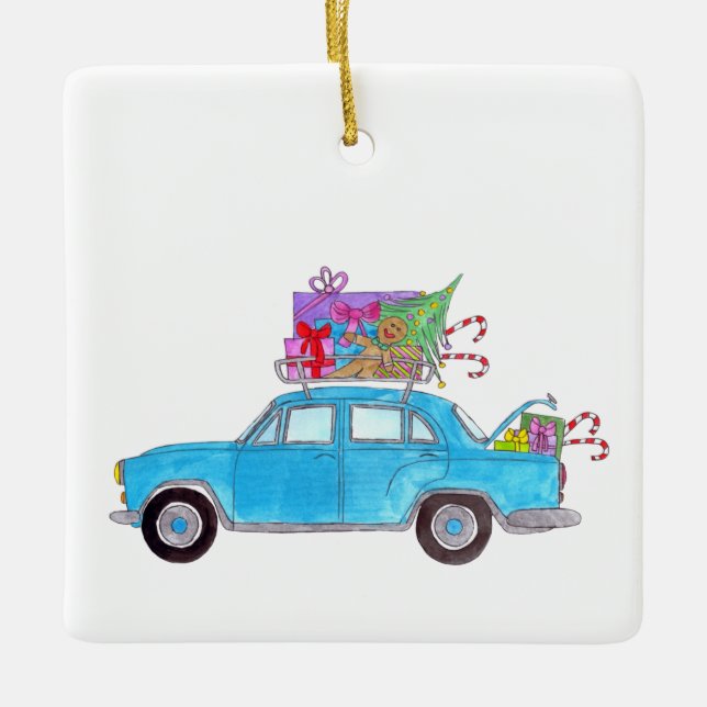 Blue Car with Christmas Gifts Watercolor Ceramic Ornament (Front)