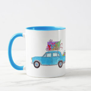 Blue Car with Christmas Gifts Watercolor Mug
