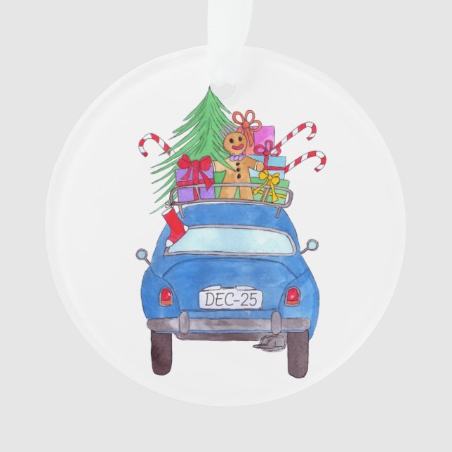 Blue Car with Christmas Gifts  Watercolor Ornament (Front)