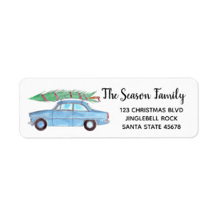 Blue Car with Christmas tree Watercolor