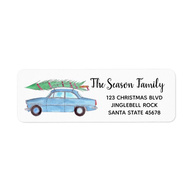 Blue Car with  Christmas tree Watercolor (Front)