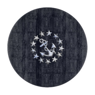 Blue Carbon Fibre Nautical Chrome Yacht Flag Print Cutting Board