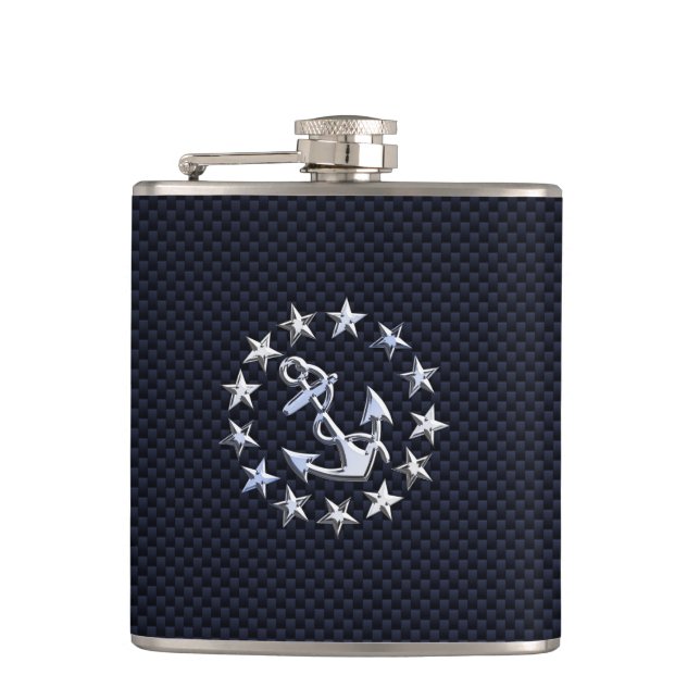 Blue Carbon Fibre Nautical Chrome Yacht Flag Print Hip Flask (Front)