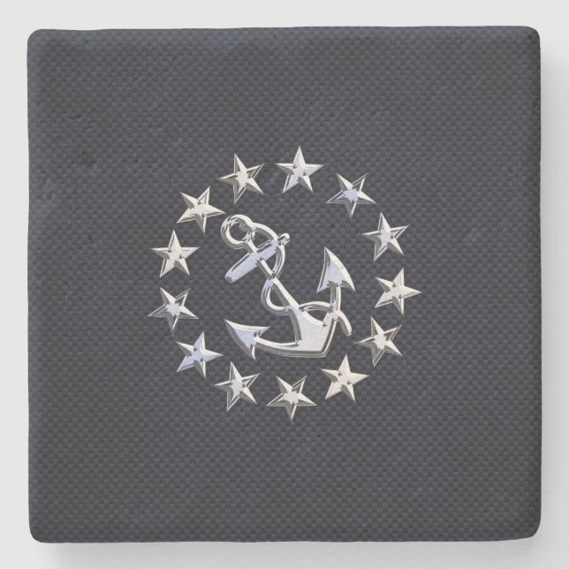 Blue Carbon Fibre Nautical Chrome Yacht Flag Print Stone Coaster (Front)