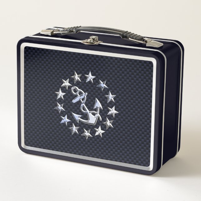 Blue Carbon Nautical Silver Yacht Flag Print Metal Lunch Box (Front)