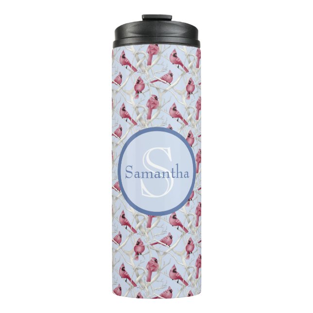 Blue Cardinal Birds Personalised Monogram Name Thermal Tumbler (Front)