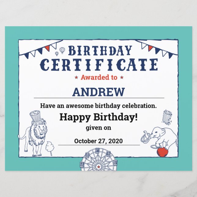 Blue Carnival Circus Baby Birthday Certificate (Front)