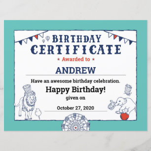 Blue Carnival Circus Baby Birthday Certificate