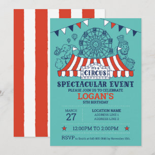 Blue Carnival Circus Baby Birthday Kids HouseParty Invitation