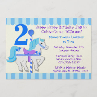 Blue Carousel Pony 2nd Birthday Party Invitation