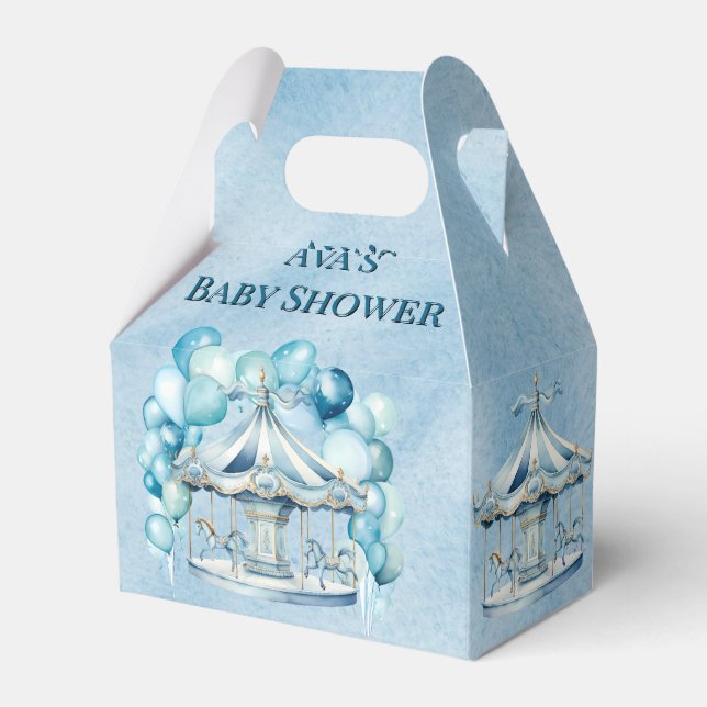 Blue Carousel with Arch Balloons Boy Baby Shower Favour Box (Front Side)