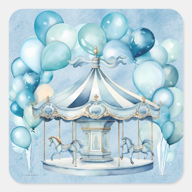 Blue Carousel with Arch Balloons Boy Baby Shower Square Sticker (Front)
