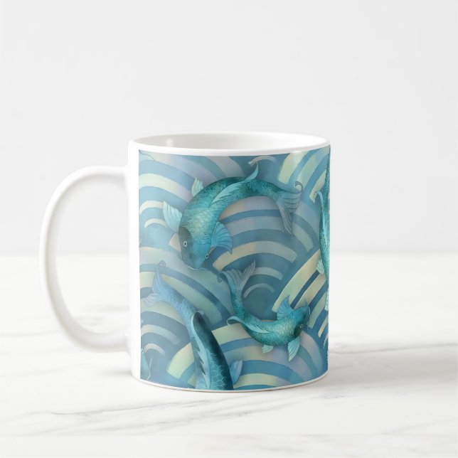 Blue Carp Koi Fish Pattern Coffee Mug (Left)