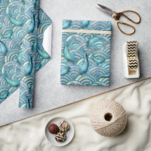 Blue Carp Koi Fish Pattern Wrapping Paper