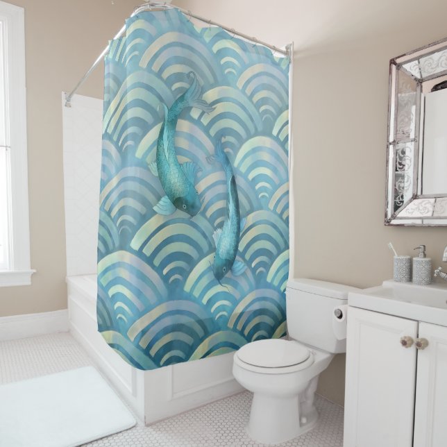 Blue Carp Koi Fish Shower Curtain (In Situ)
