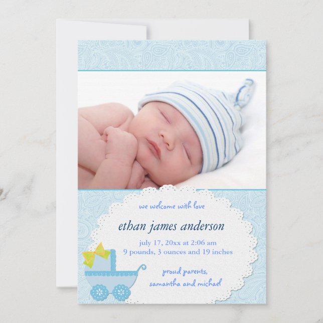 Blue Carriage Baby Boy Photo Birth Announcement (Front)