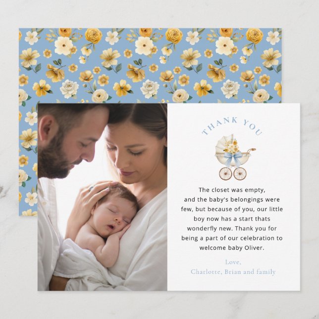 Blue Carriage Photo Baby Shower Thank You Card (Front/Back)