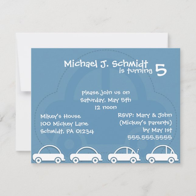 Blue Cars Card Boy's Birthday Invitations (Front)