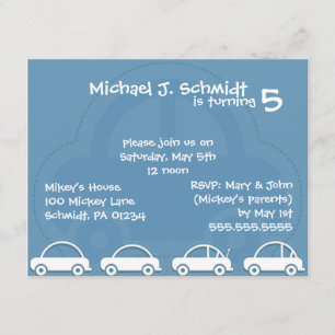 Blue Cars Card Boy's Birthday Invitations