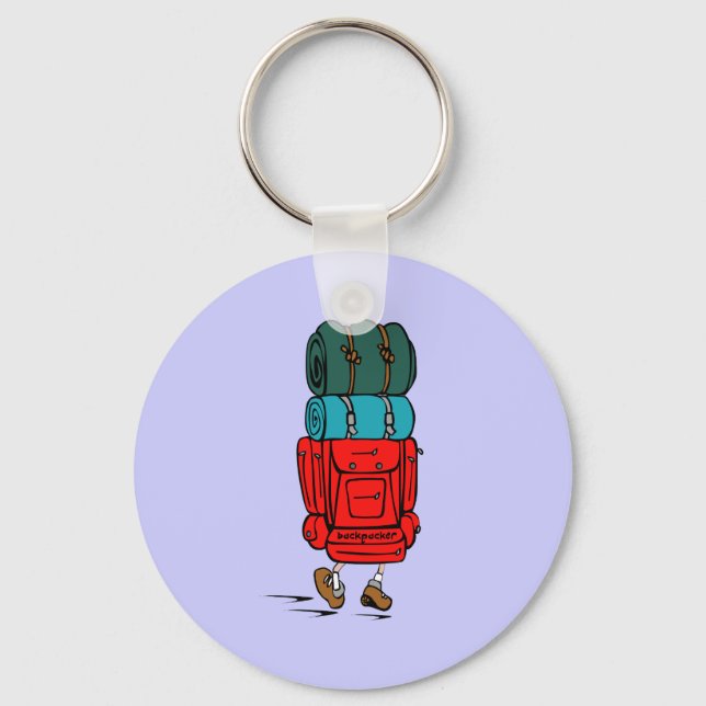 Blue Cartoon Backpacker Hiker Key Ring (Front)