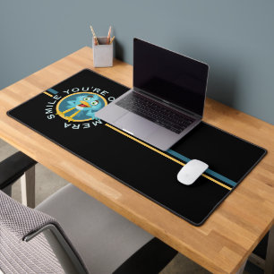 Blue Cartoon Bird SMILE YOU'RE ON CAMERA Desk Mat