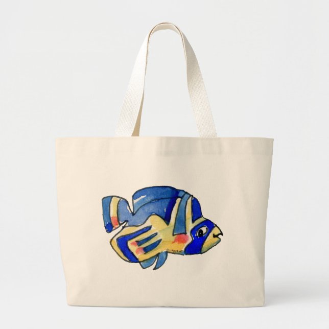 Blue Cartoon Butterfly Fish Large Tote Bag (Front)