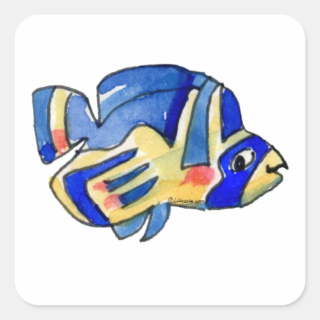 Blue Cartoon Butterfly Fish Square Sticker (Front)