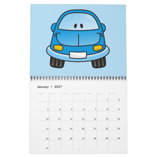 Blue cartoon car calendar (Jan 2027)