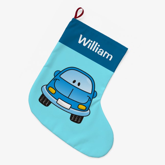 Blue Cartoon Car Christmas Stocking (Front (Hanging))