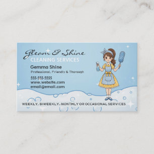 Blue Cartoon Cleaning Lady House Cleaner Service Business Card