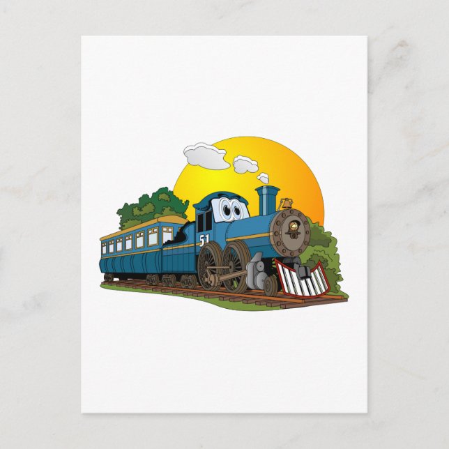 Blue Cartoon Passenger Steam Engine Postcard (Front)