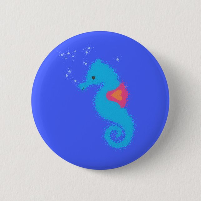 Blue Cartoon Seahorse 6 Cm Round Badge (Front)