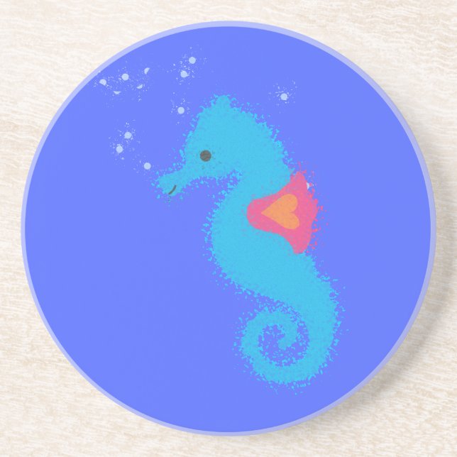 Blue Cartoon Seahorse Coaster (Front)
