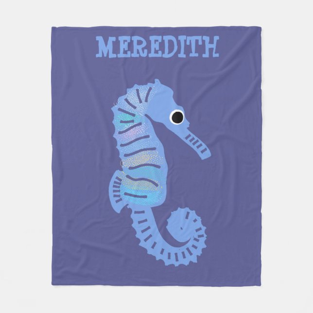 Blue Cartoon Seahorse Cute Personalised Fleece Blanket (Front)