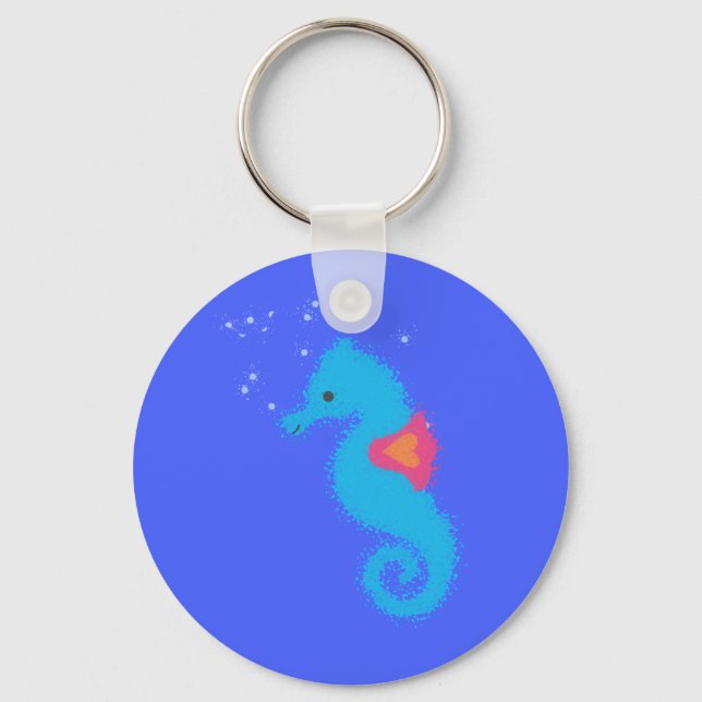 Blue Cartoon Seahorse Key Ring (Front)
