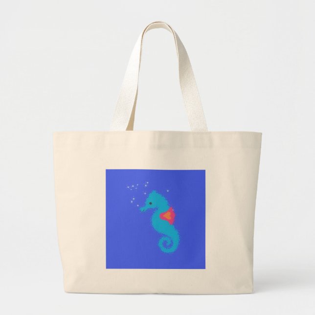 Blue Cartoon Seahorse Large Tote Bag (Front)